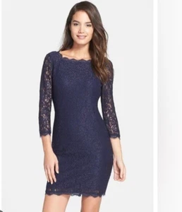 Adrianna Papell Evening Sz 14 Navy Blue Lace Above Knee 3/4 Sleeve Dress Formal - Picture 1 of 11