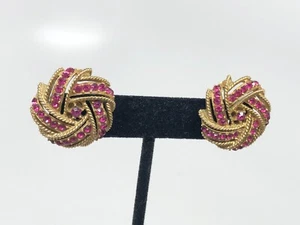 Boucles d'oreilles vintage Crown Trifari strass roses ton or clips tourbillon signées - Photo 1/6