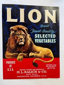 Vintage USA advertising label Lion Selected vegetables M L Kalich & CO #292 - Picture 1 of 3