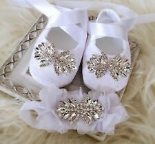 White Baptism Shoes With Rhinestones, Sparkly Christening Shoes And Headband