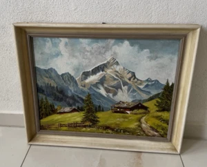 Altes Bild mit Rahmen signiert M.Renger Berge Berghütte Gemälde Bergbauernhof - Bild 1 von 22