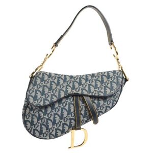 Christian Dior Trotter Saddle Handbag Purse Navy Canvas Leather RU0092 97774