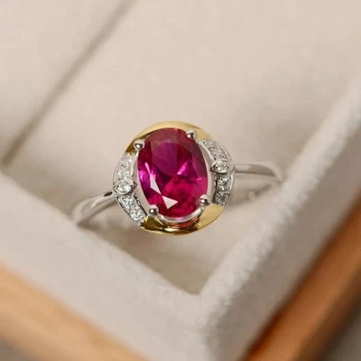 1.75 Ct Oval Ruby Diamond Bridal Ring 14K Solid White Gold All Size - Image 1 of 4