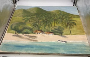 Tableau ancien huile paysage marin maisons de plage océan palmiers art original 20x24 toile - Photo 1/16