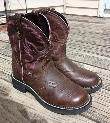 Justin Botas Mujer Damas Gemma Gitana Talla 9B Marrón con Borde Rosa y Lila L9903 Foto 1 de 4