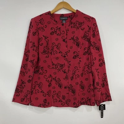 Elementz Womens Blazer Medium Red Black Button Up Stretch Floral Print Jacket - Image 1 of 4