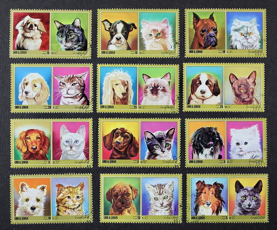 UMM AL QIWAIN, PERROS y GATOS, juego completo de 12 sellos Foto 1 de 1