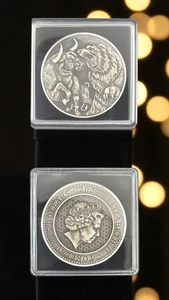 Bull and Bear Antik Finish Silbermünze 1 Unze (Feinsilber 999) - Bild 1 von 3