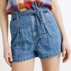 Madewell Denim Paperbag Shorts Windowpane Check Size 29 High Rise Preppy NWOT - Picture 1 of 9