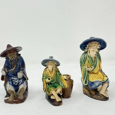 Vintage Shiwan Mud Man Figurines Clay Chinese Handmade X 3 - Image 1 of 4