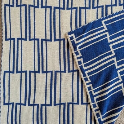 Crate &Barrel Chris Mestdagh Throw Blanket Geometric Blue & Oatmeal Tan 40"x70" - Image 1 of 4