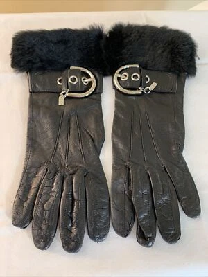 Guantes Coach de cuero negro suave con ribete de piel hebilla plateada talla 6 1/2 Foto 1 de 4