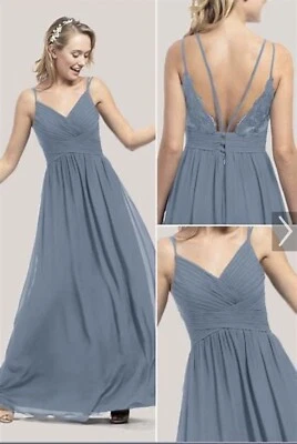 Azazie Dress Size 16 - 18 Blue Maxi Chiffon Pleated Bridesmaid Lace Sleeveless C - Image 1 of 4