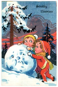 Children build snowman anthropomorphic snowball new year postcard 1950's Dutch - Picture 1 of 2
