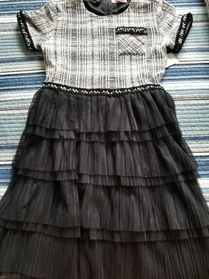 BCBG GIRLS Dress Short Sleeves Metallic Tweed Bodice Black Tiered Tulle Skirt 16 - Image 1 of 4