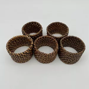 Set Of 5 Woven Brown Rattan Napkin Rings Natural Farmhouse Dining Table Decor - Picture 1 of 5