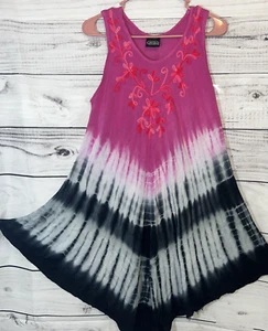 Womens Summer Sun Dress Floral Embroider Beach Resort Boho Tie Dye Pink/Blue Y2K - Picture 1 of 6