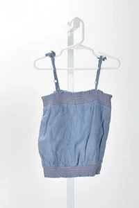 Mini Boden Girl's Strappy Bow Woven Top in Chambray Blue Size 6 - Picture 1 of 3