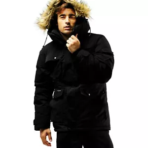 FUERZA Mens Winter Down Wellon Premium Fur Hooded Coat Parka Jacket Black L - Picture 1 of 5