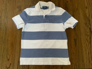 Polo Ralph Lauren Talla Mediana Y2k Camiseta Pony Gris Blanco Rayas Cuello Grueso - Imagen 1 de 6