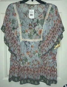 New ONE WORLD Pretty Feminine Floral Boho Chiffon Top Blouse XL Light Blue NWT - Picture 1 of 5