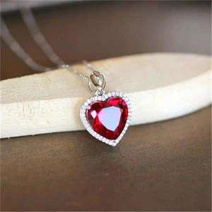 Delicate Halo Pendant 1.20Ct Heart Cut Simulated Red Ruby 14K White Gold Plated - Picture 1 of 7