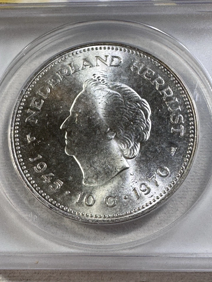 1970 Netherlands 10 Gulden Silver Coin Graded MS 65 by ANACS Liberation - Image 1 of 4