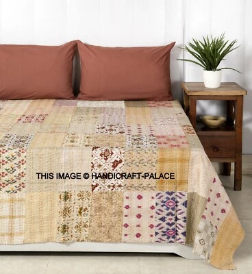Manta hippie colcha King Kantha retazos sari de seda beige vintage india Foto 1 de 3