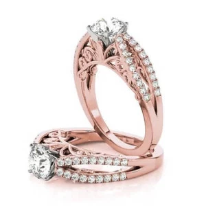 Forever Brilliant Moissanite Split Diamond Filigree Engagement Ring in Rose Gold - Picture 1 of 3