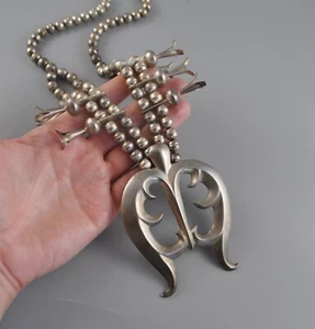 Old Pawn Indian Sterling Cast Naja Squash Blossom Necklace - Bench Pressed Beads - Picture 1 of 11