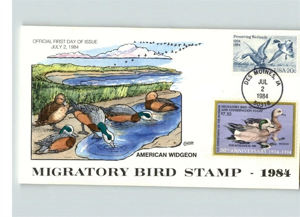 DUCK STAMP on FDC, Hand painted 1984 American Widgeon Duck, Migratory Bird Hunti - Image 1 of 1