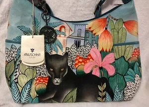 ANUSCHKA VILLAGE PANTHER HANDBEMALTER LEDER Oversized Hobo mit Seitentaschen - Bild 1 von 11