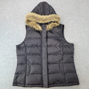 Talbots Puffer Vest Nylon/Polyester Removable Hood Faux Fur Black Women's Large - Picture 1 of 15