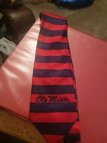 Ole Miss Rebels Logo Silk Tie -NCAA- Repp Stripe Navy Blue & Red Old Mississippi Cover