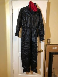 Men Women JTS Insulated Black Nylon Ski Suit XL RARE Red Nylon Lining One Piece