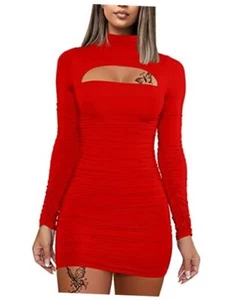 Women's Sexy Long Sleeve Cut Out Bodycon Ruched Party Club Mini Medium Red - Picture 1 of 8