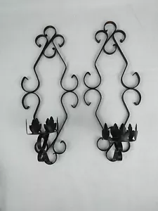 2 Scroll Pattern Candle Sconce Holder Metal Wall Mount 2 matching 16.5" Black - Picture 1 of 8