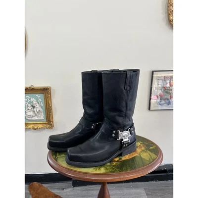 Harley Davidson Mens Black Leather Square Toe Motorcycle Boots Buckle Detail - Image 1 of 4