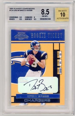 DREW BREES 2001 PLAYOFF CONTENDERS #124 NOVATO AUTOMÁTICO BGS 8.5/10 SUBGRADES FORTES - Imagem 1 de 2