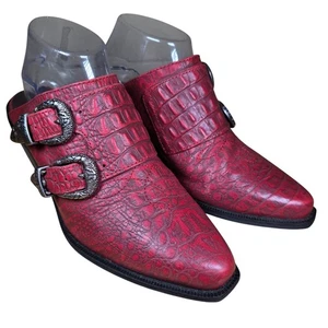 Matisse Bloke Red Leather Western Heeled Mules Buckles Alligator Embossed Sz 8 - Picture 1 of 12