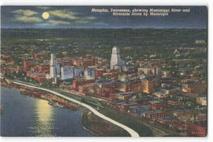 Memphis, Tennessee zeigt Mississippi River bei Mondschein Vintage Postkarte SK3. - Bild 1 von 2