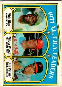 1972 Topps #92 AL ERA Leaders Vida Blue Wilbur Wood Jim Palmer - CREASE SEE - Picture 1 of 2
