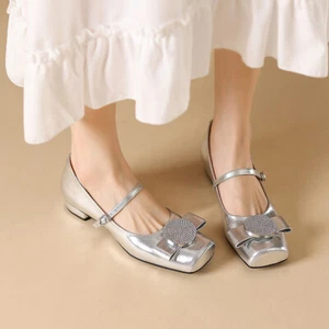 Womens Chic Leather Square Toe Diamante Bowtie Buckle Strap Mary Jane Shoes - Picture 1 of 15