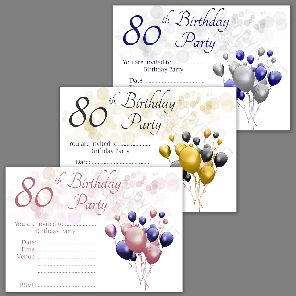1-100 PACK 80th BIRTHDAY PARTY INVITATIONS Rose Gold Black Blue Silver Invites