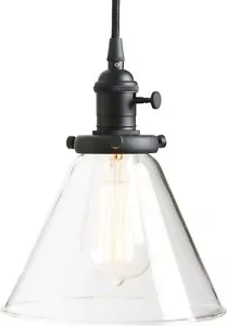 PERMO Industrial Vintage Pendant Light with Funnel Flared Glass Clear Black - Picture 1 of 6