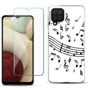 Slim Case for Samsung Galaxy A12, w/ Tempered Glass - Music Notes / White - Picture 1 of 2