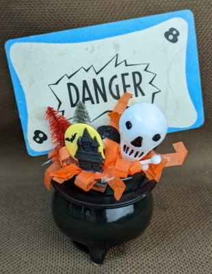 HALLOWEEN Assemblage Handmade Decor w New & Vintage Cauldron & Game Card DANGER - Image 1 of 4