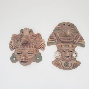 Set 2 maschere facciali guerriero tribale messicano argilla terracotta maya azteca vintage - Foto 1 di 10