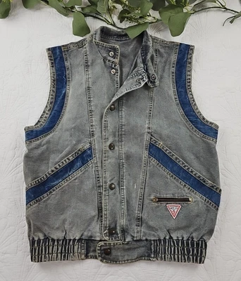 VTG Guess Paris Denim Two Tone Snap Vest 80's Men's Size L - Image 1 of 4