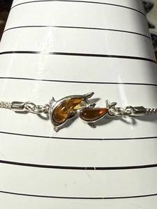925, Sterling Silver Amber ~ Dolphin, Fish, Ocean Bolo Adjustable Bracelet 4”-9” - Picture 1 of 5
